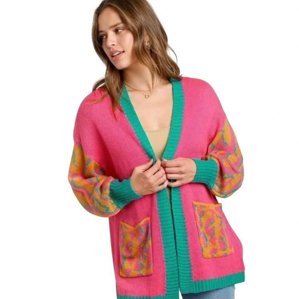 Umgee S Open Front Cardigan Duster Oversized 90s Retro Animal Print Pink Teal